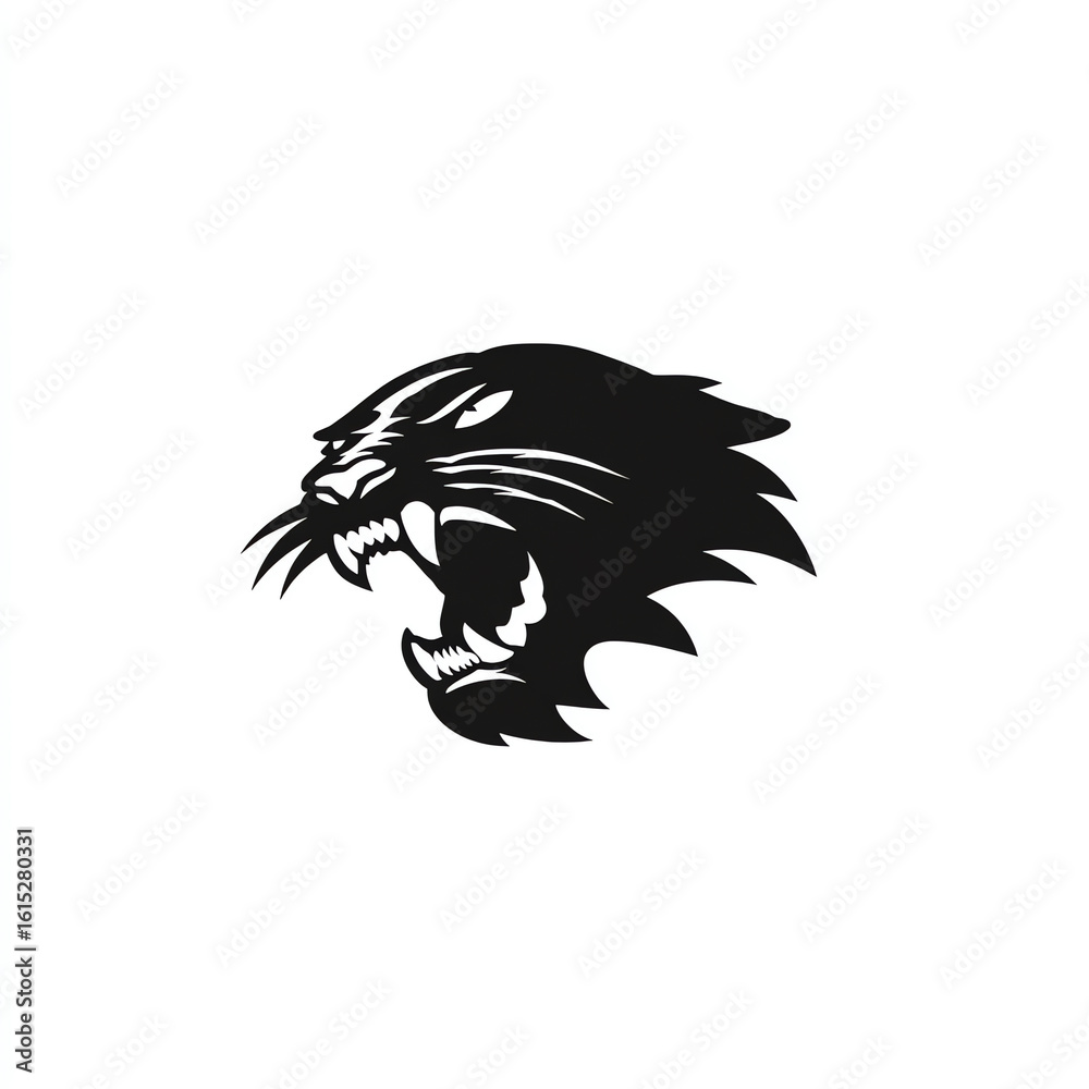 Fototapeta premium Black silhouette of a roaring panther head with sharp teeth and whiskers, symbolizing strength and fierceness, on a plain white background