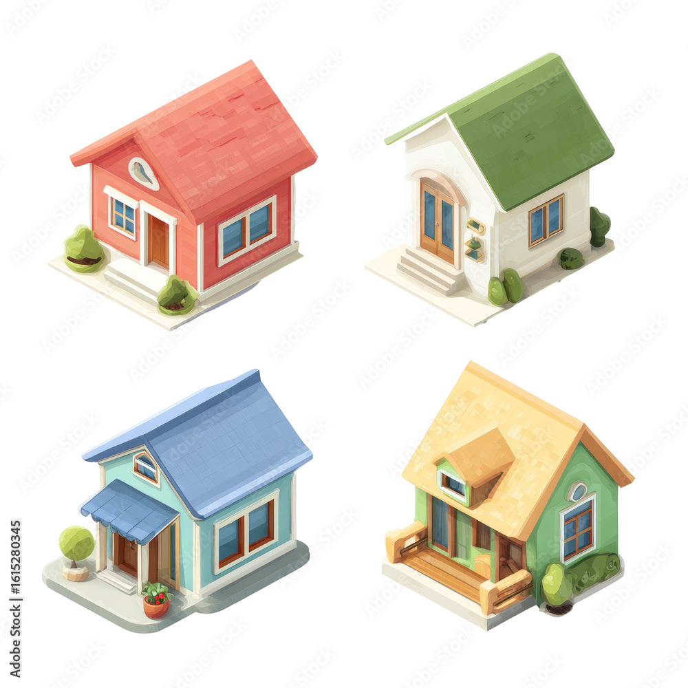 Four stylized isometric houses in pastel colors Four stylized isometric houses in pastel colors