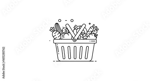 Grocery basket with vegetables in minimalist black line style