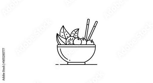 Bowl of fruit with chopsticks in minimalist black line style