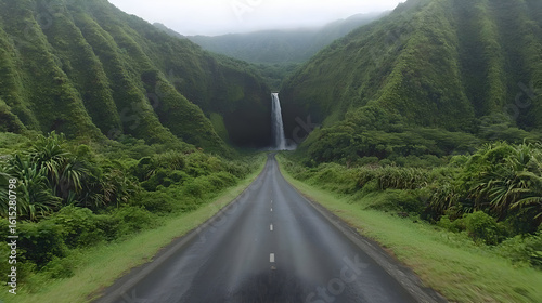 Lush green valley road leads to misty waterfall.  Dense foliage flanks a paved highway, with a dramatic waterfall at the end of the road