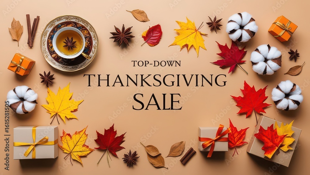 Fototapeta premium Top down view of thanksgiving sale with gifts leaves and tea on a beige colored background layout design