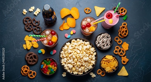 Overhead View of Snacks and Drinks on Dark Textured Surface.