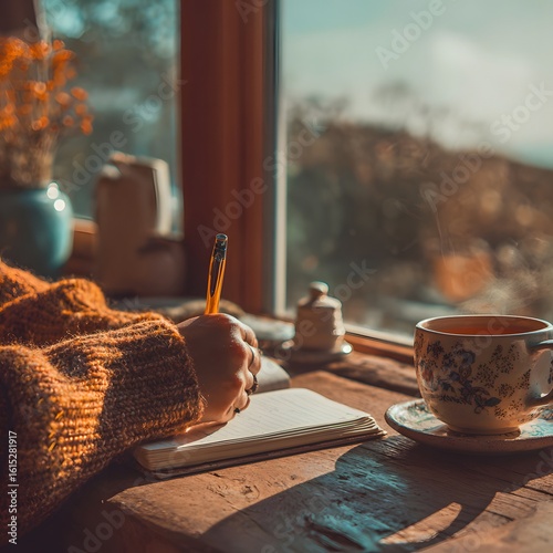 Cozy Writing Moment: A person, illuminated by natural light, engages in introspective journaling, accompanied by a warm beverage, capturing a scene of calm creativity and comfort.
