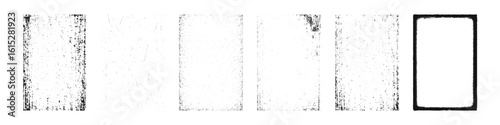 Set of six distressed grunge textures and rectangle frame in vintage worn style. Design elements for retro effect and printmaking concept.