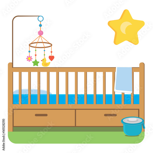 A crib with a cartoon-style carousel isolated on a white background