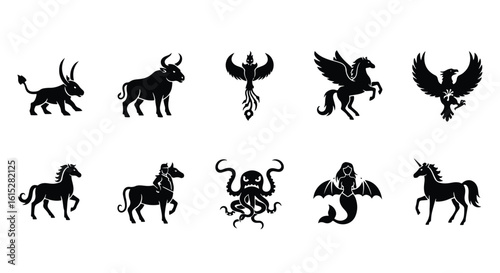 Vector silhouette illustration mythical phoenix and fearsome octopus creatures in black silhouette isolated on white background