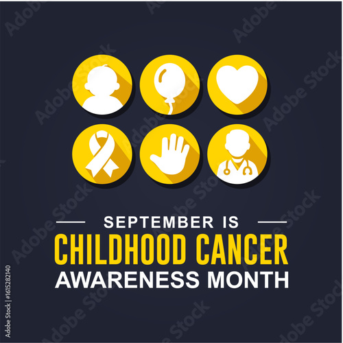 Childhood Cancer Awareness Month. Kid, balloon, palm, ribbon, and paediatrician. Great for cards, banners, posters, social media, and more.
