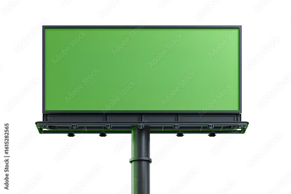 Obraz premium Highway sign, a green, blank, empty road billboard on a pole, isolated against a Transparent background PNG