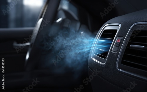 Car air conditioning system disperses cool air in a vehicle interior on a warm day in city