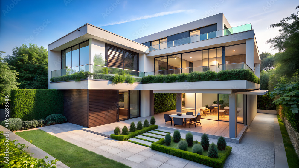 Fototapeta premium Minimalist modern duplex with partitioned garden and flat roof design 