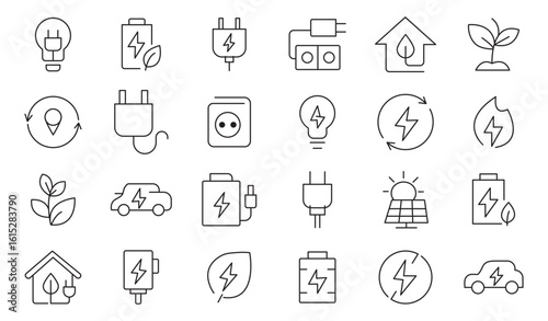 Electricity, electrical energy line icon set. Electric plug, light, bulb, power, button, battery, high, solar, lightning, wind and power lines. Vector illustration. Editable stroke 