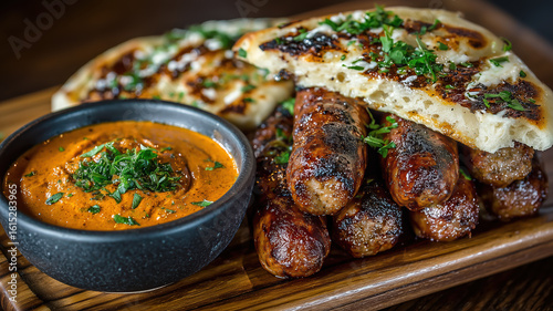 Fototapeta Naklejka Na Ścianę i Meble -  Grilled Meat Dish with Flatbread and Sauce on Wooden Board