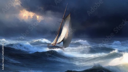 A lone sailboat bravely navigates tumultuous waves during a dramatic storm, sunlight peeking through ominous clouds