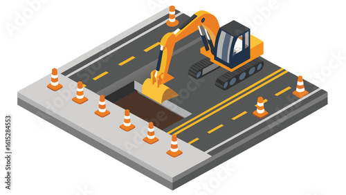 Isometric view of an excavator digging a hole in the road surrounded by traffic cones and yellow lines