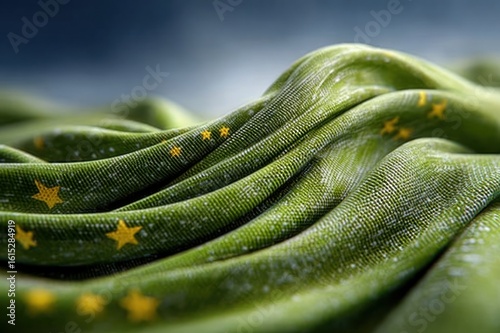 green textile banner with star waving in bright open sky