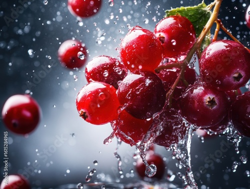 Red currants splash into water creating a refreshing visual spectacle in a vibrant setting