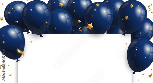 Dark blue balloons with gold stars & confetti border a blank white rectangle, creating a celebratory mood