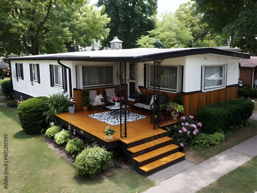 An appealing well maintained manufactured home features a charming front porch and landscaped yard space.