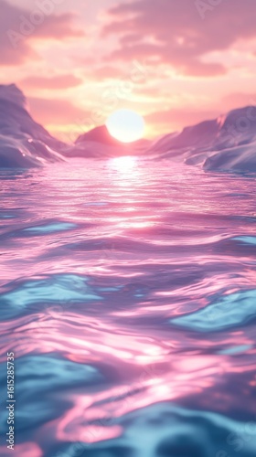 Sunset Over Water Between Hills with Pink Sky Reflection