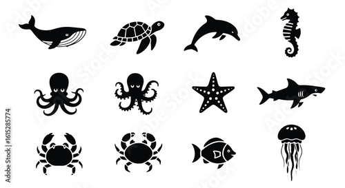 Vector silhouette illustration a collection of marine life silhouettes including an octopus, starfish, and turtle