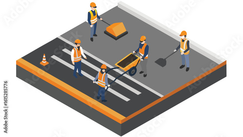 Isometric view of road construction workers repairing a road with equipment and safety gear shown