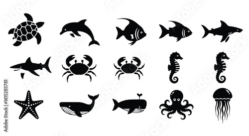 Vector silhouette illustration a collection of black animal silhouettes including a crab, fish, and whale on a white background