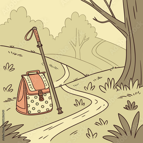A patterned duffel bag hangs from a stick carried through a forest path with trees and bushes around it
