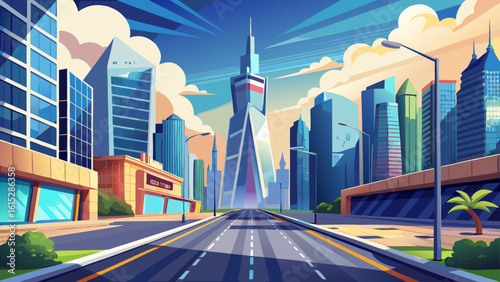 empty asphalt road of a modern city with skyscrapers