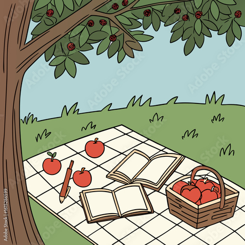A picnic scene featuring a basket of apples, open notebooks, and pens on a table under trees in a park