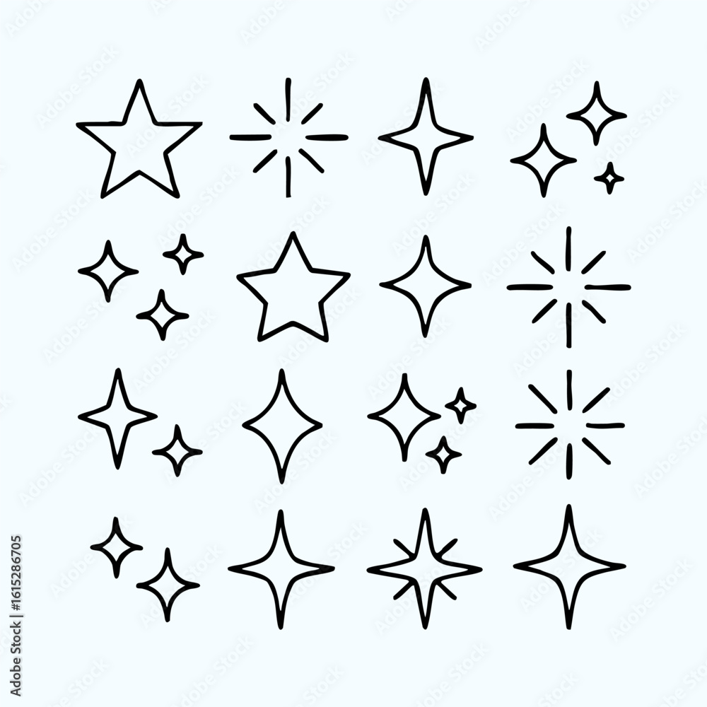 Fototapeta premium Hand drawn sparkle and star icon set. Vector doodle glitter and shine elements.