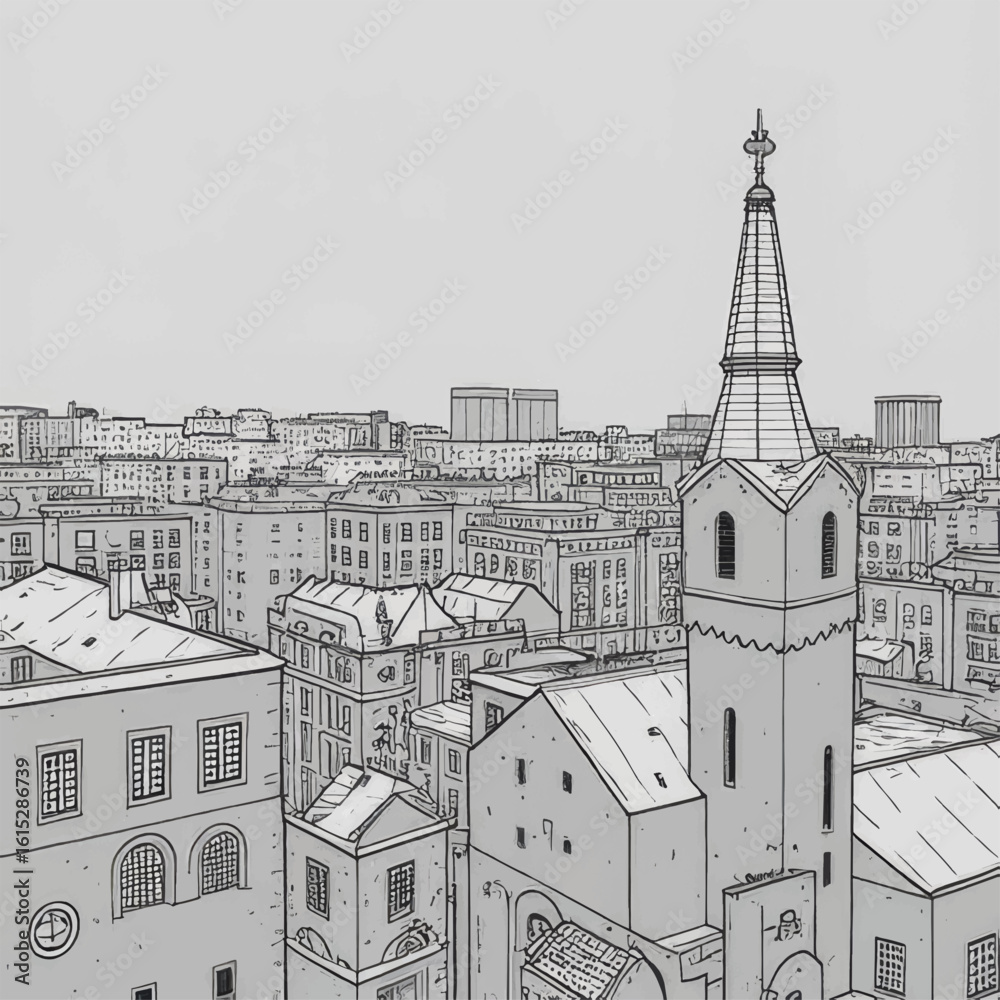 Obraz premium City skyline with rooftops and church steeple in monochrome style 
