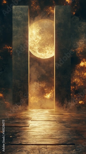 Dramatic Portal with Glowing Sphere and Celestial Background