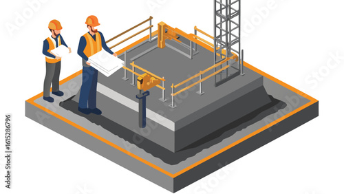 Isometric view of construction workers with blueprints on a building foundation with scaffolding