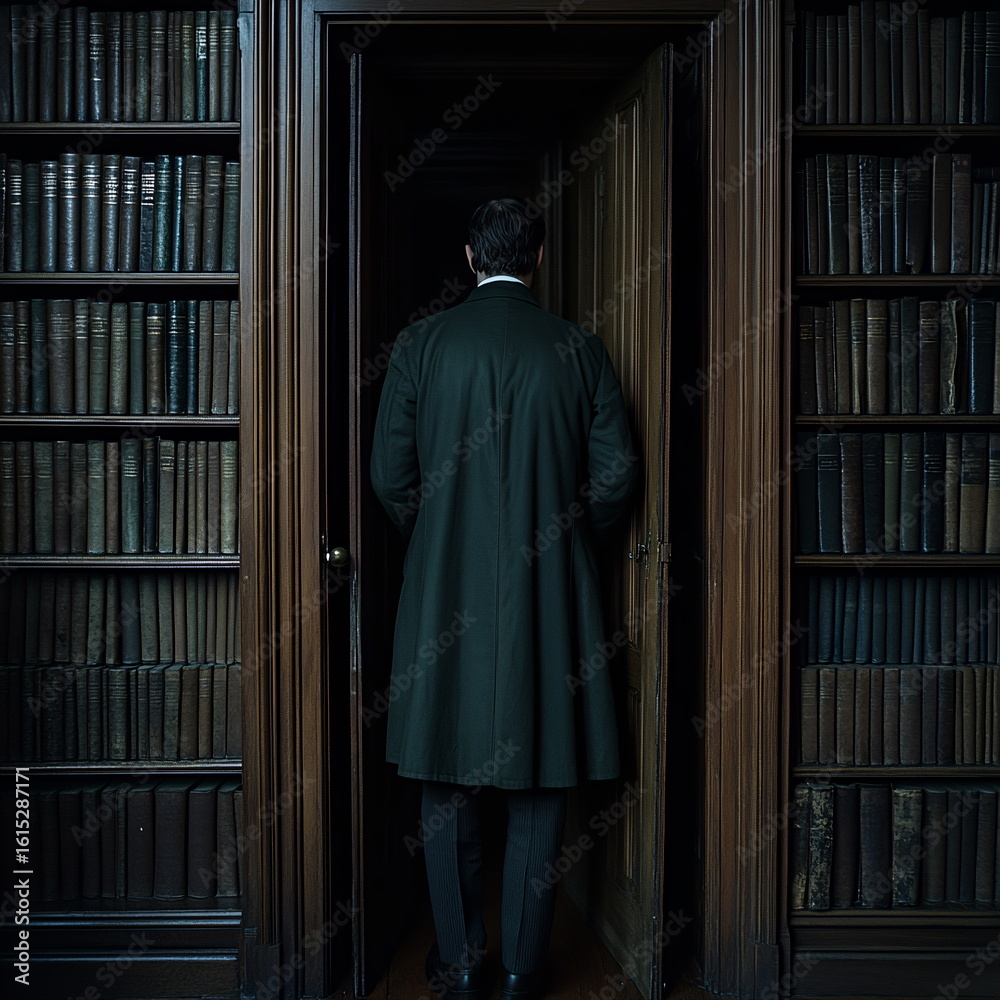 Naklejka premium Secret agent entering a hidden room in a library filled with old books and mystery
