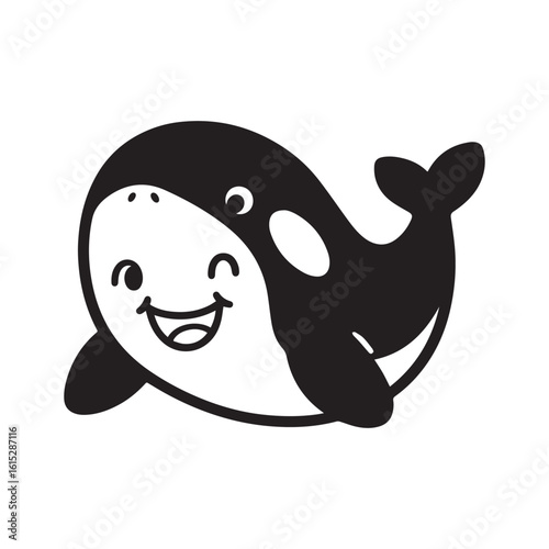 An adorable line drawing of a baby orca whale with a big smile and a playful pose. 