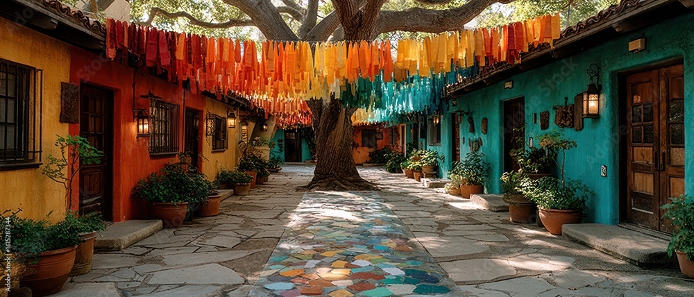 Naklejka premium Handmade paper chains in bright colors strung across a shaded courtyard.