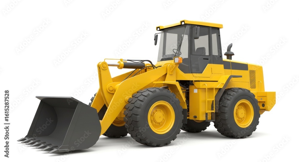 Fototapeta premium A bright yellow construction vehicle with a large bucket and thick tires is isolated on a white background, ready for work