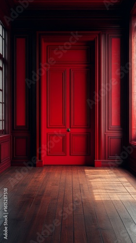 Elegant Red Door in Room with Wood Paneling and Flooring