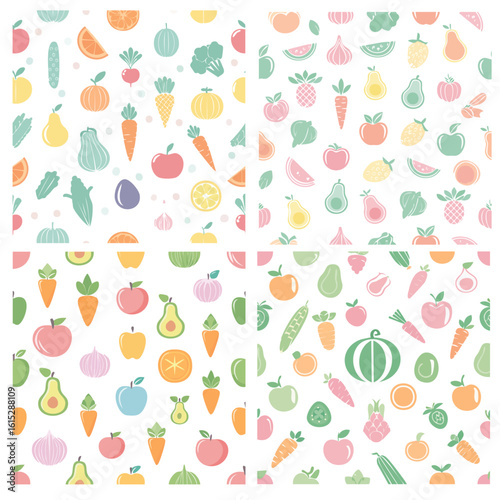 Minimal vector seamless pattern with assorted fruits and vegetables icons in pastel palette копия