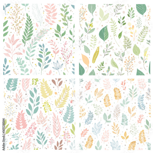 Seamless background with delicate line-drawn botanical elements and subtle dot accents копия