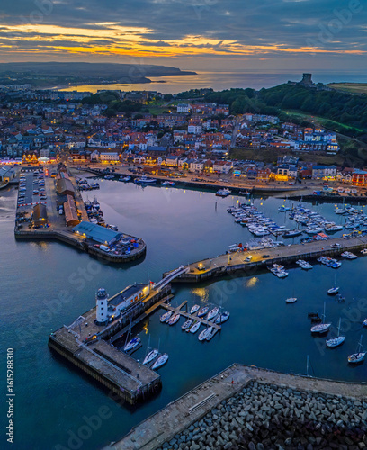 Photos Hi Quality Aerial Image of Scarborough Marina and Castle at Sunset, Yorkshire, United Kingdom