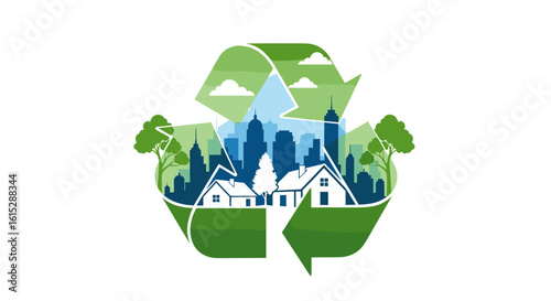 Green urban sustainability concept with city skyline, houses, and trees within recycling symbol.