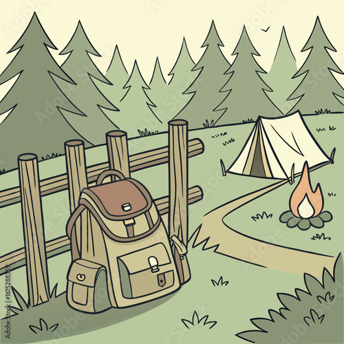 Illustration of a camping scene with a backpack leaning against a fence with a tent and campfire in view
