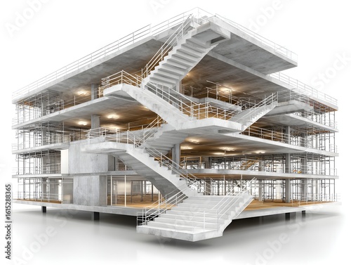 Fototapeta Naklejka Na Ścianę i Meble -  The concrete unfinished construction of a building with stairs shown in a transparent 3D illustration.