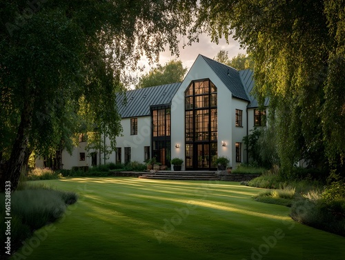 Modern house exterior showcases green lawn and architectural design with natural sunlight in summer season.