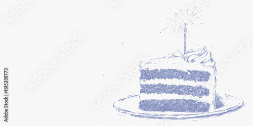 Blue and white cake with a candle on top. Minimal stipple drawing, with gritty halftone, photocopy noise and sharp contrast threshold styling.
