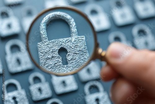 Security engineer identifying information security vulnerability in internet network system. Unlocked padlock icon and many other locked padlock icons. Hand holding magnifying glass. High quality