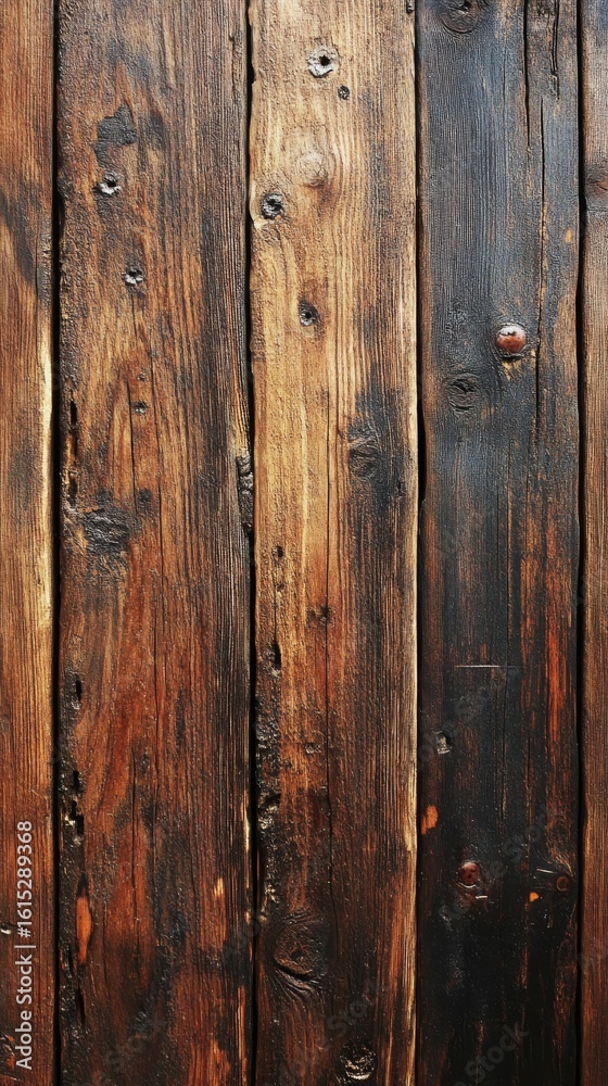 Obraz premium Rustic Wooden Planks Texture with Dark Brown Stains and Knots