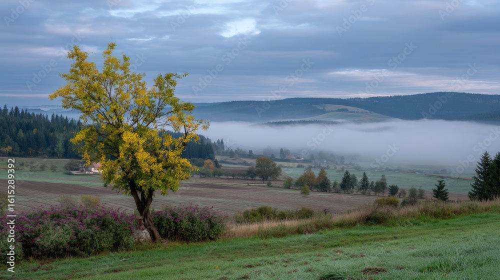 Obraz premium Scenic misty morning landscape with yellow tree in tranquil countryside